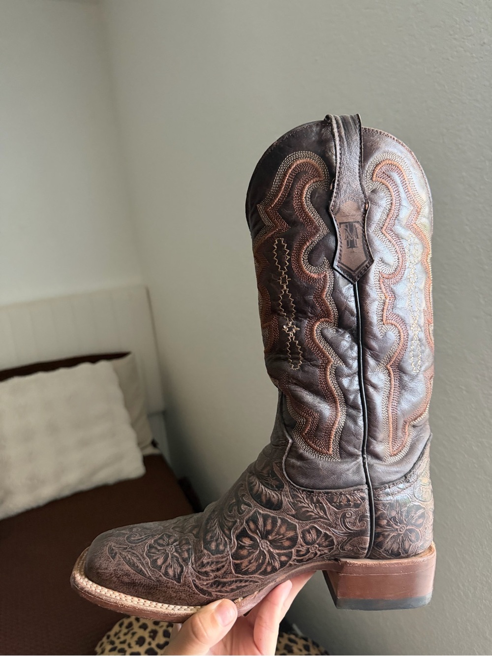 Brown Embossed Floral Leather Western Boot - M Brand